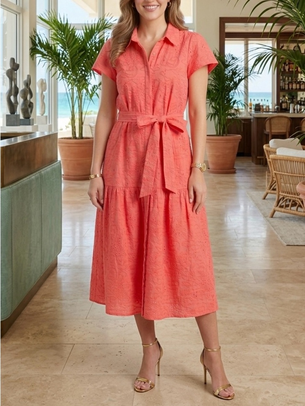 Rachel Parcell Coral Eyelet Midi Dress Cotton Tie Waist MD Preppy Feminine Chic
